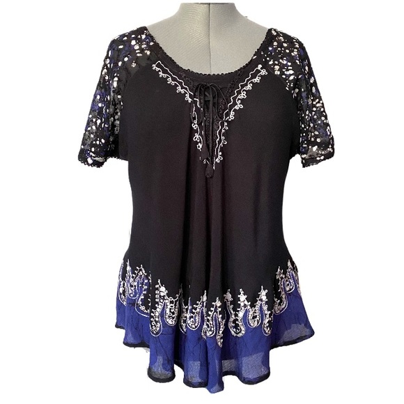 Boho border batik dye and embroidered top 1X - Picture 1 of 10